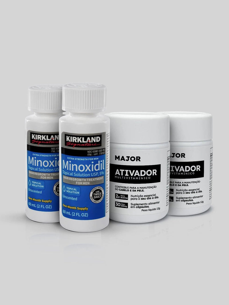 2 Frascos Minoxidil Kirkland 5% + 2 Ativadores de Crescimento MAJOR