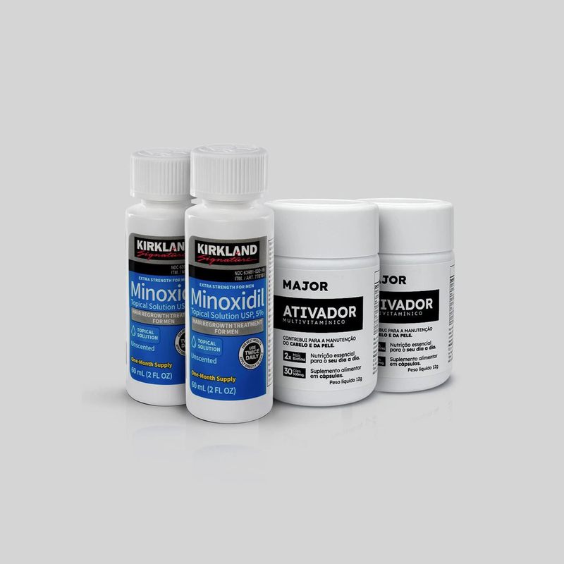 2 Frascos Minoxidil Kirkland 5% + 2 Ativadores de Crescimento MAJOR